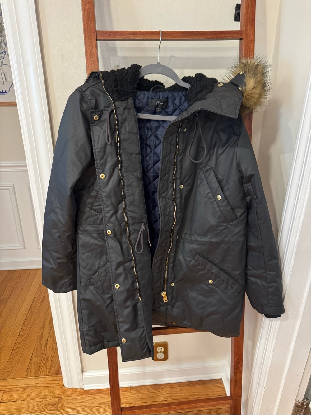 J. Crew Black Quilted Parka with Fur-Trim Hood